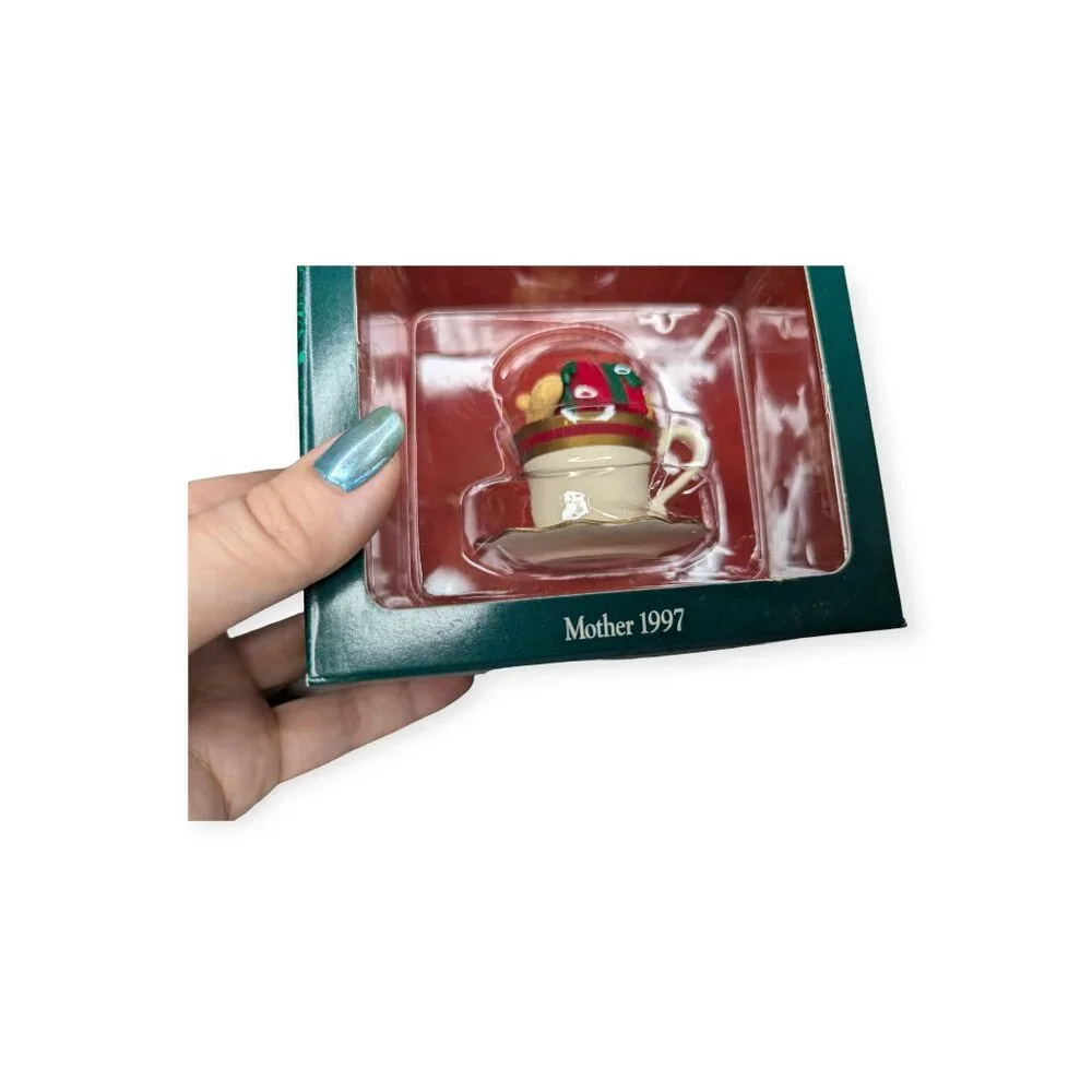 Vintage American Greetings Mother 1997 Teddy Bear in Tea Cup Christmas Ornament
